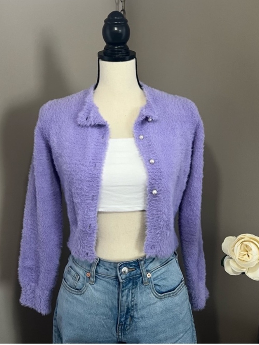 Cropped Lavender Fuzzy Button-Front Cardigan